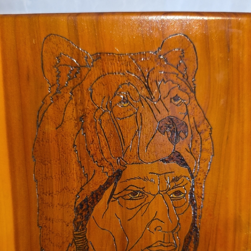 Handcrafted Wooden Art with Native American With Bear Head Dress. - Picture 3 of 11